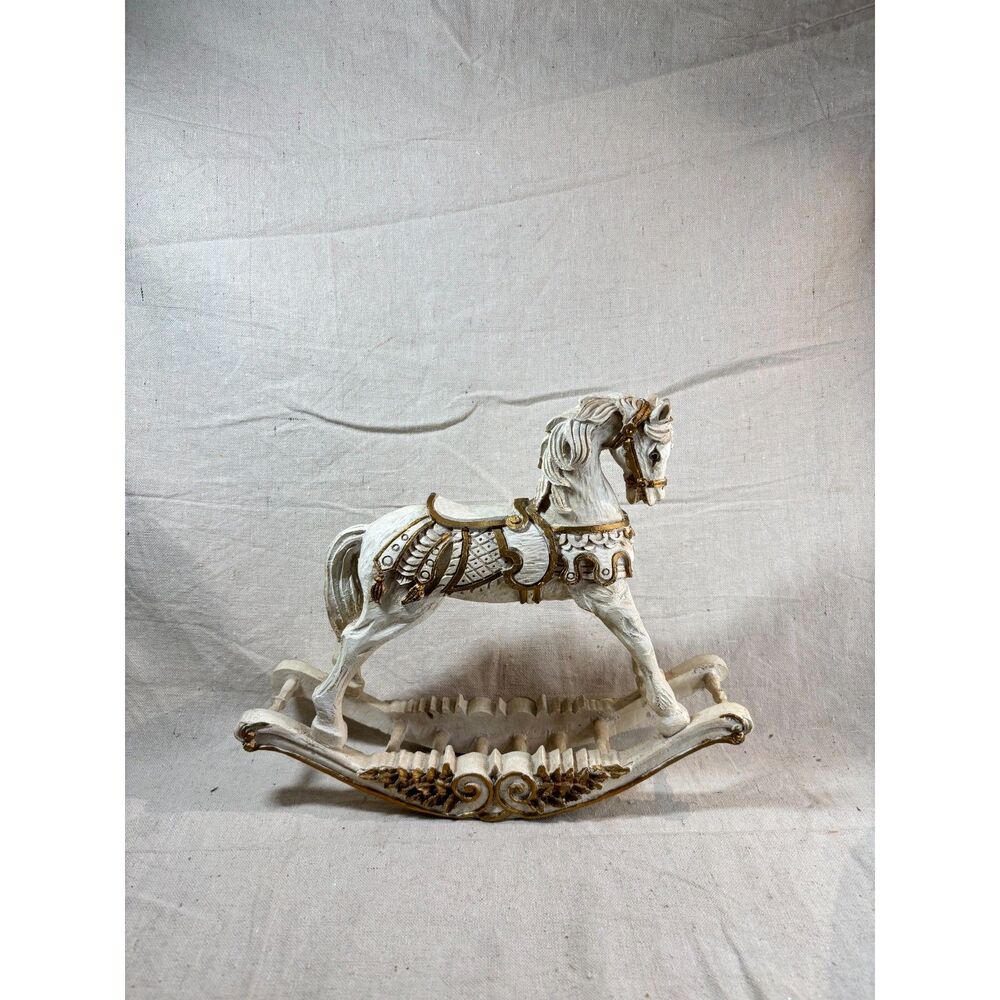 Vintage-Style Resin Rocking Horse White Gold Trim Decor Toy Grandmacore